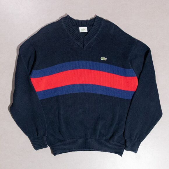 VTG Lacoste V-Neck Pullover Cotton Striped Sweater 4/M Tennis Old Money Preppy - Picture 1 of 8